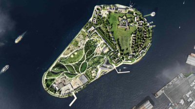 An architectural rendering of the entire Governors Island adapted from a satellite photo taken directly overhead.