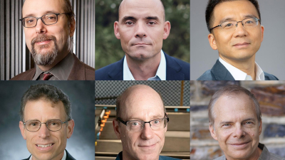 Six headshots of faculty members pieced together