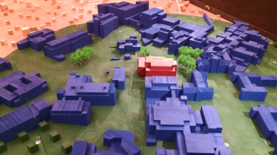 A model of the New Engineering Building (center, in red) and nearby Duke buildings, used in wind tunnel modeling to determine optimum lab exhaust speeds. Photo courtesy of AEI.